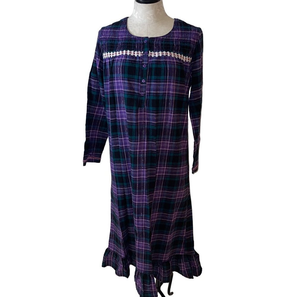 Laura Scott Vintage Womens Nightgown Size Small Purple Plaid Flannel Lace Trim